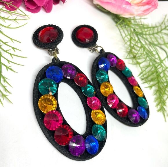 VINTAGE⚜️RETRO Multicolor Crystal Black Velvet Clip Earrings - Picture 3 of 7